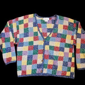 VTG 90s Fuzzy Knit Colorful Cardigan Sweater Patchwork Sz XL Boho‎ Cottagecore